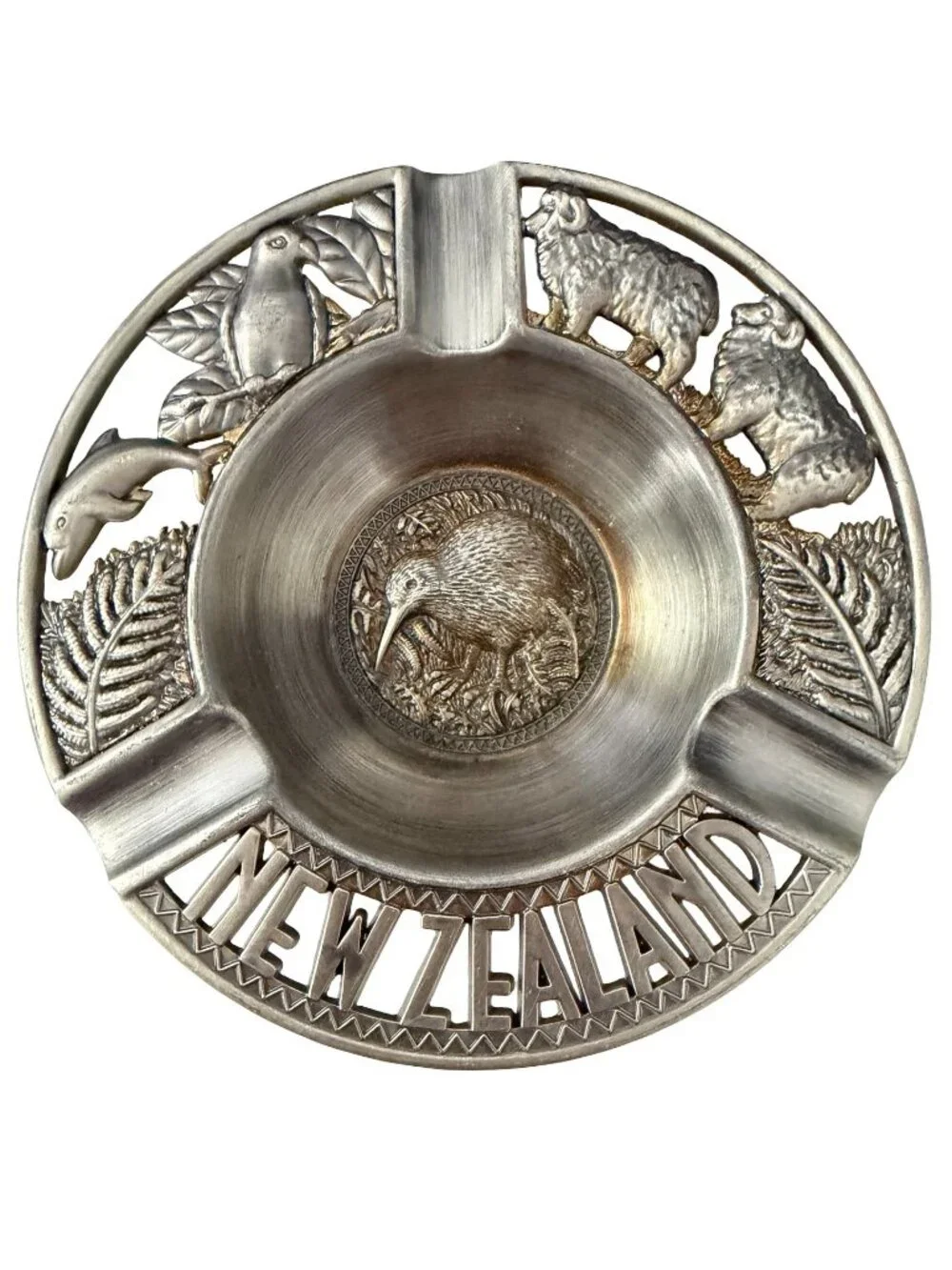 Vintage Style New Zealand Kiwi Sheep Dolphin Fern Silver Tone Souvenir Ashtray 5